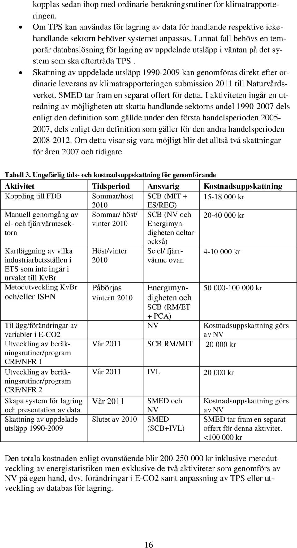 Skattning av uppdelade utsläpp 1990-2009 kan genomföras direkt efter ordinarie leverans av klimatrapporteringen submission 2011 till Naturvårdsverket. SMED tar fram en separat offert för detta.