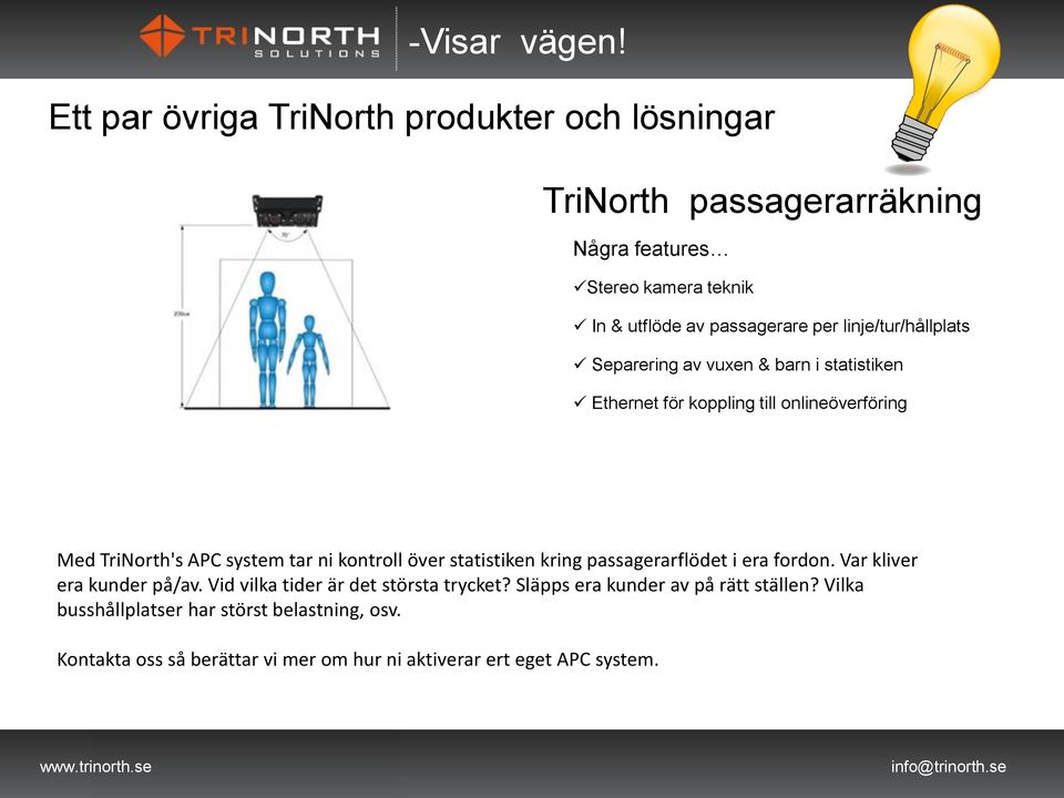 linje/tur/hållplats Separering av vuxen & barn i statistiken Ethernet för koppling till onlineöverföring Med TriNorth's APC system tar ni kontroll