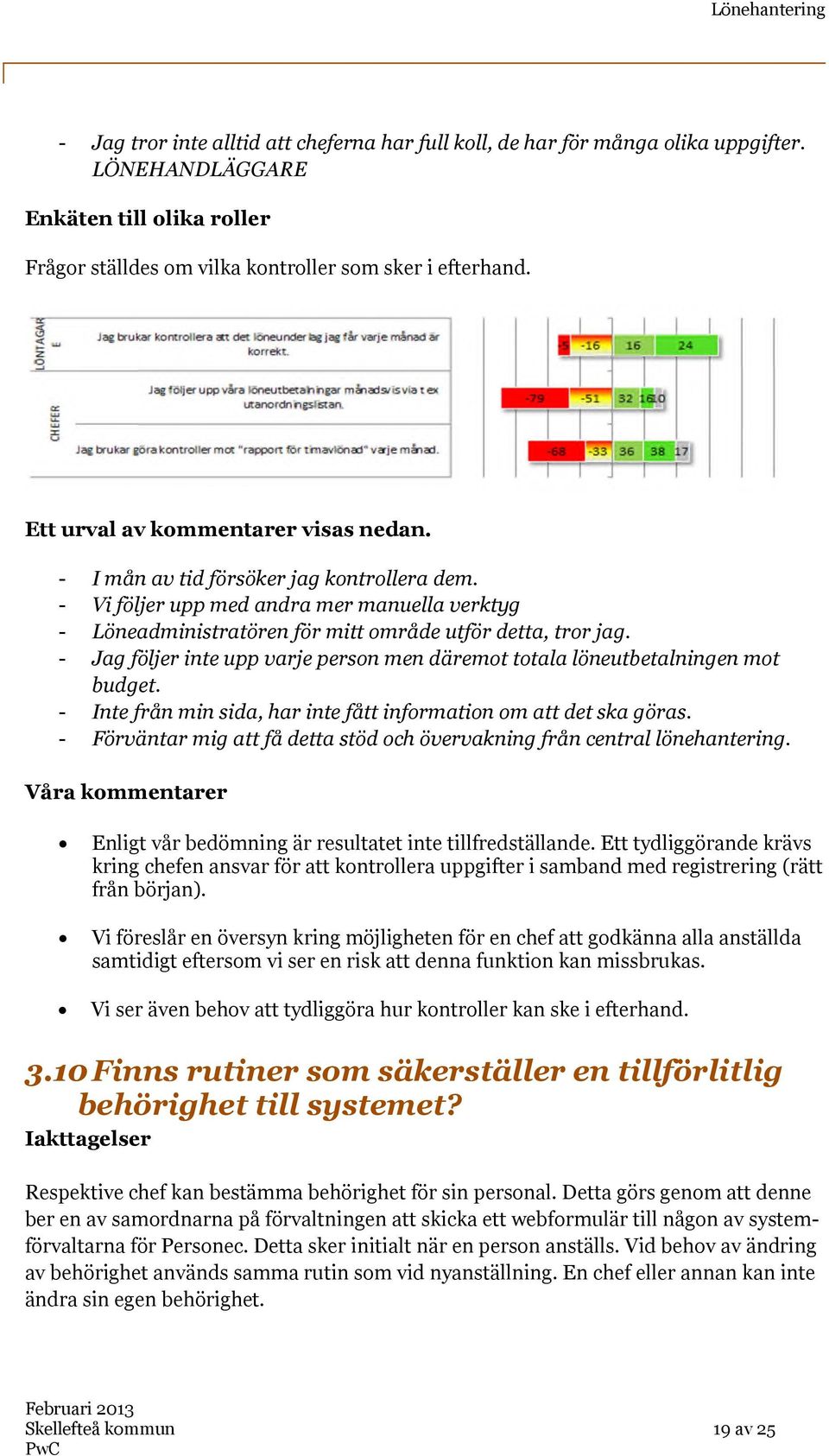 - Jag följer inte upp varje person men däremot totala löneutbetalningen mot budget. - Inte från min sida, har inte fått information om att det ska göras.