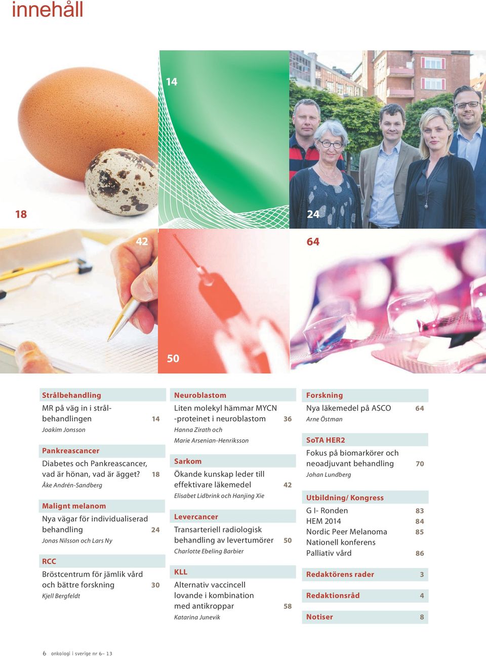 Liten molekyl hämmar MYCN -proteinet i neuroblastom 36 Hanna Zirath och Marie Arsenian-Henriksson Sarkom Ökande kunskap leder till effektivare läkemedel 42 Elisabet Lidbrink och Hanjing Xie