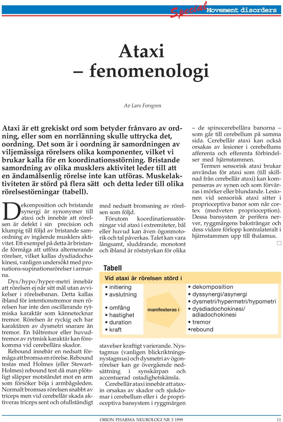 Bristande samordning av olika musklers aktivitet leder till att en ändamålsenlig rörelse inte kan utföras.