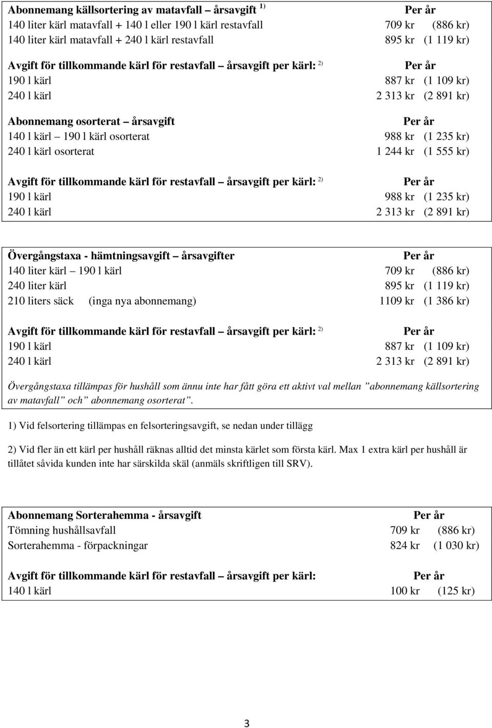 osorterat 988 kr (1 235 kr) 240 l kärl osorterat 1 244 kr (1 555 kr) Avgift för tillkommande kärl för restavfall årsavgift per kärl: 2) Per år 190 l kärl 988 kr (1 235 kr) 240 l kärl 2 313 kr (2 891