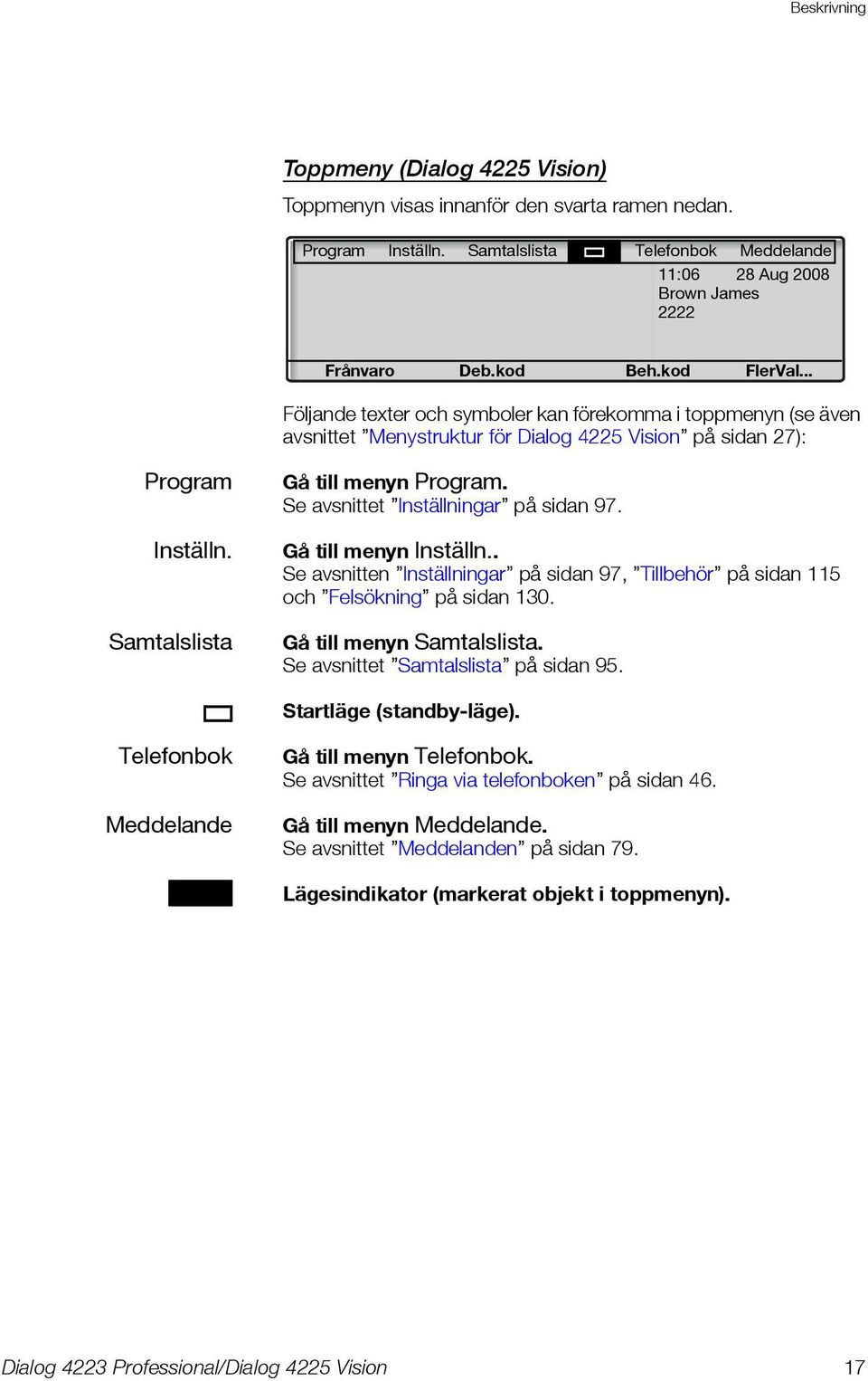 Se avsnittet Inställningar på sidan 97. Gå till menyn Inställn.. Se avsnitten Inställningar på sidan 97, Tillbehör på sidan 115 och Felsökning på sidan 130. Gå till menyn Samtalslista.