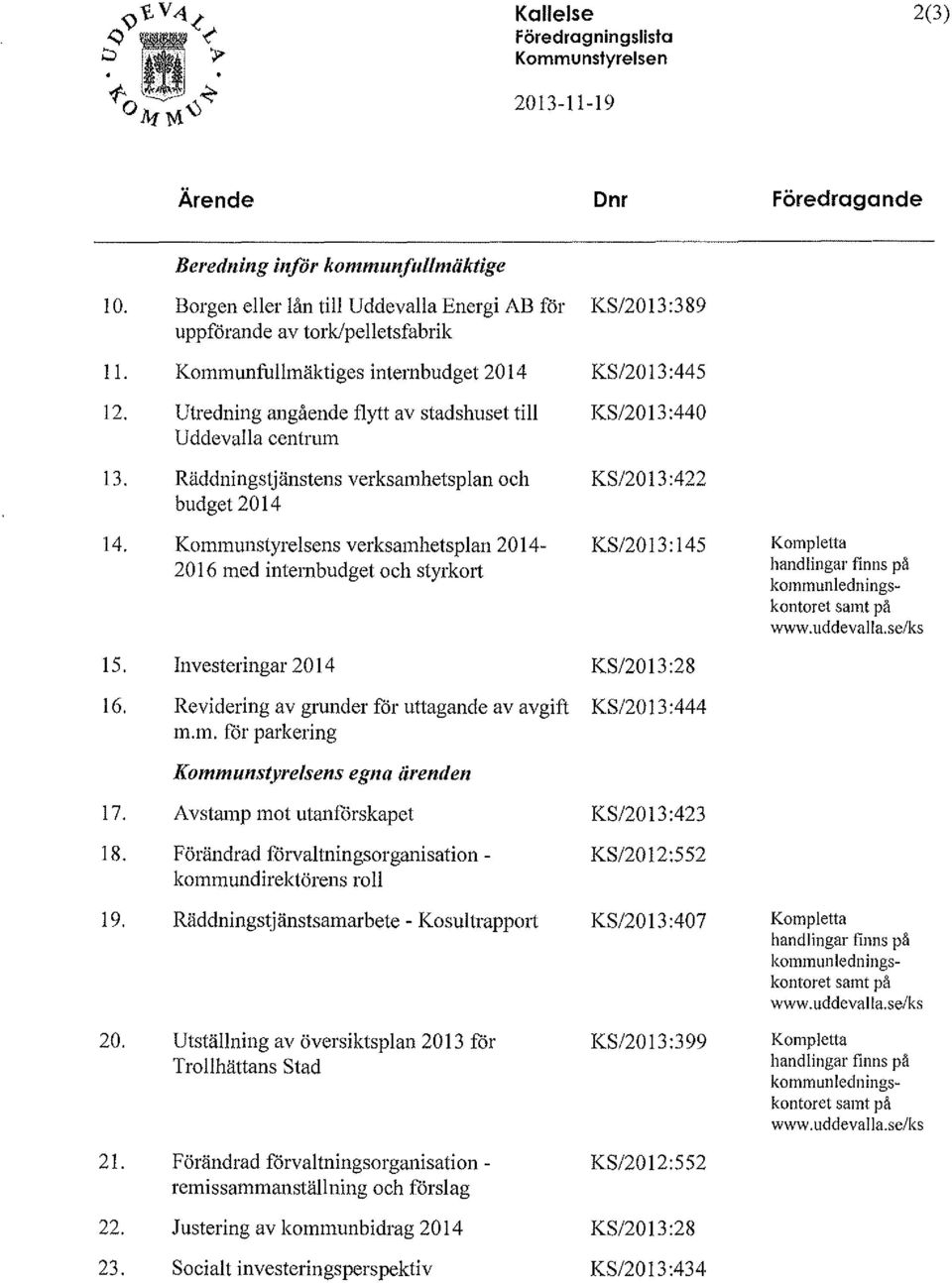 Kommunfullmäktiges internbudget 2014 Utredning angående flytt av stadshuset till Uddevalla centrum Räddningstjänstens verksamhetsplan och budget 2014 KS/2013:445 KS/2013:440 KS/2013:422 14.