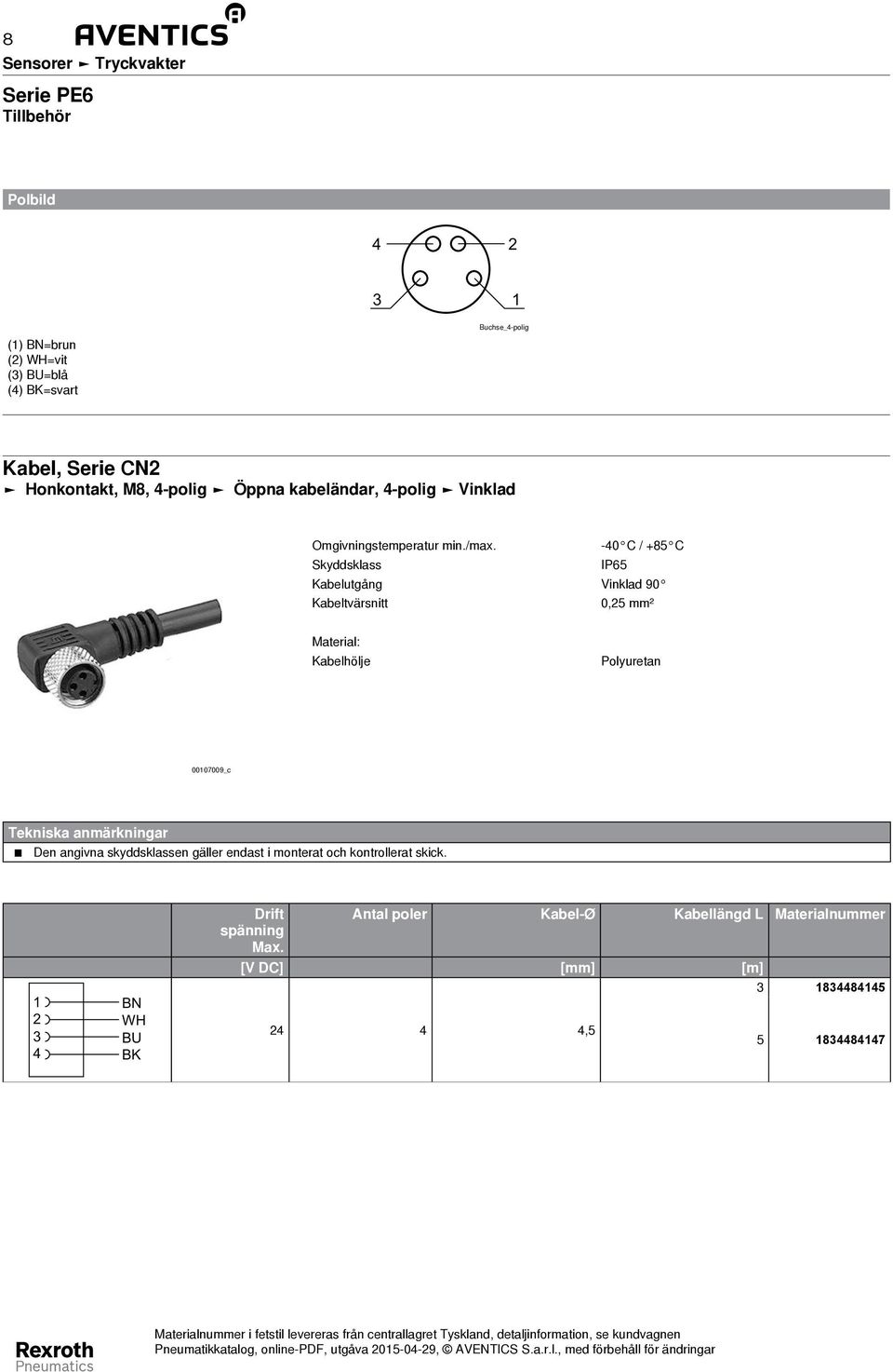 -40 C / +85 C Skyddsklass IP65 Kabelutgång Vinklad 90 Kabeltvärsnitt 0,25 mm² Material: Kabelhölje Polyuretan 00107009_c Tekniska