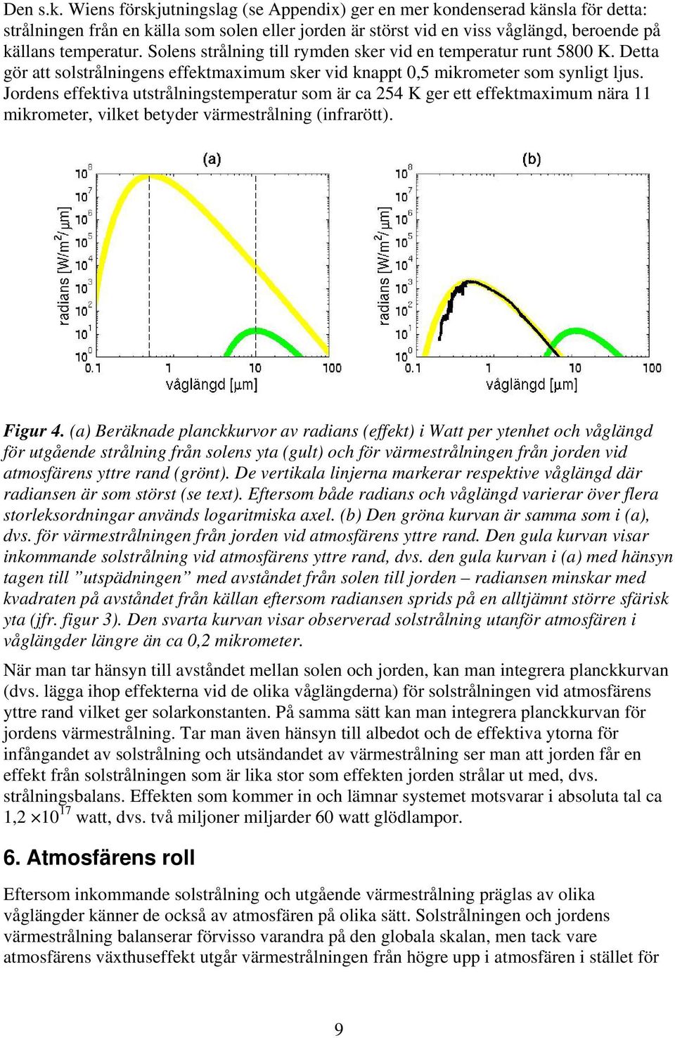 Jordens effektiva utstrålningstemperatur som är ca 254 K ger ett effektmaximum nära 11 mikrometer, vilket betyder värmestrålning (infrarött). Figur 4.