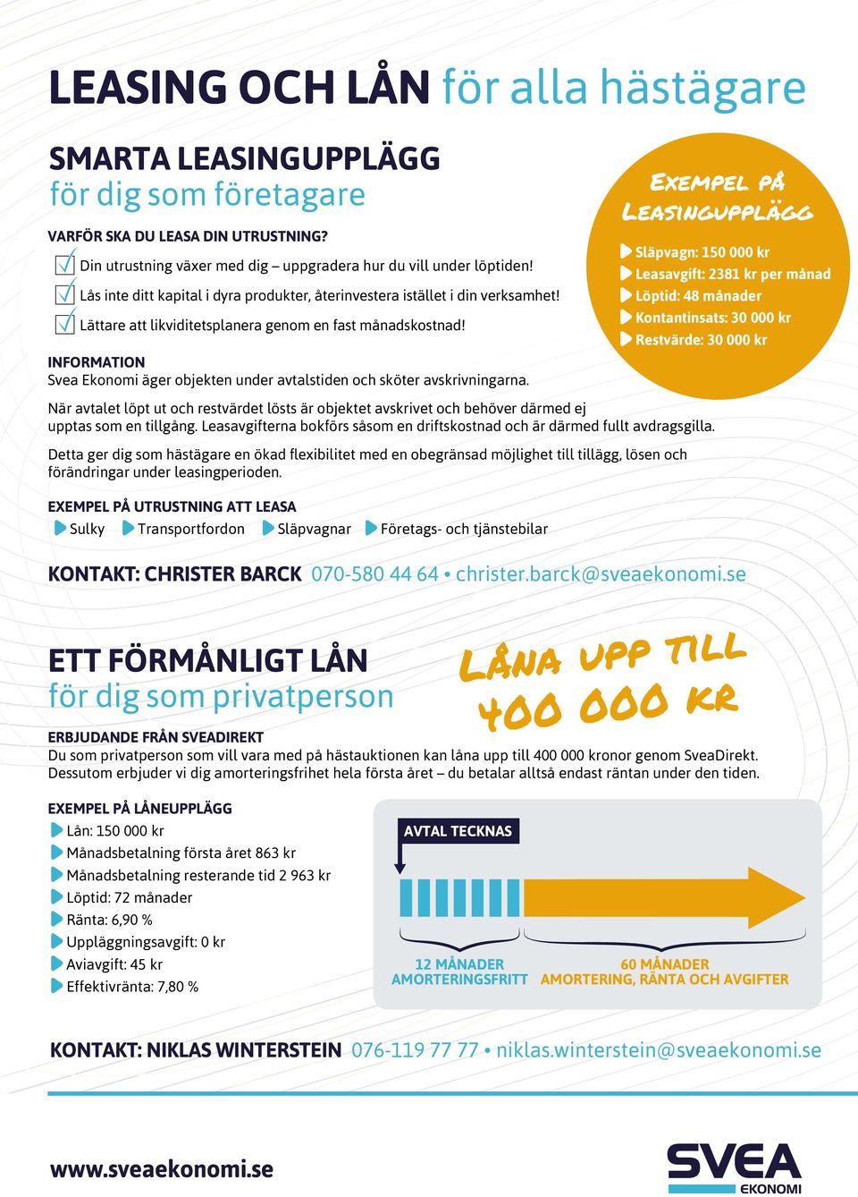 INFORMATION Svea Ekonomi äger objekten under avtalstiden och sköter avskrivningarna. När avtalet löpt ut och restvärdet lösts är objektet avskrivet och behöver därmed ej upptas som en tillgång.