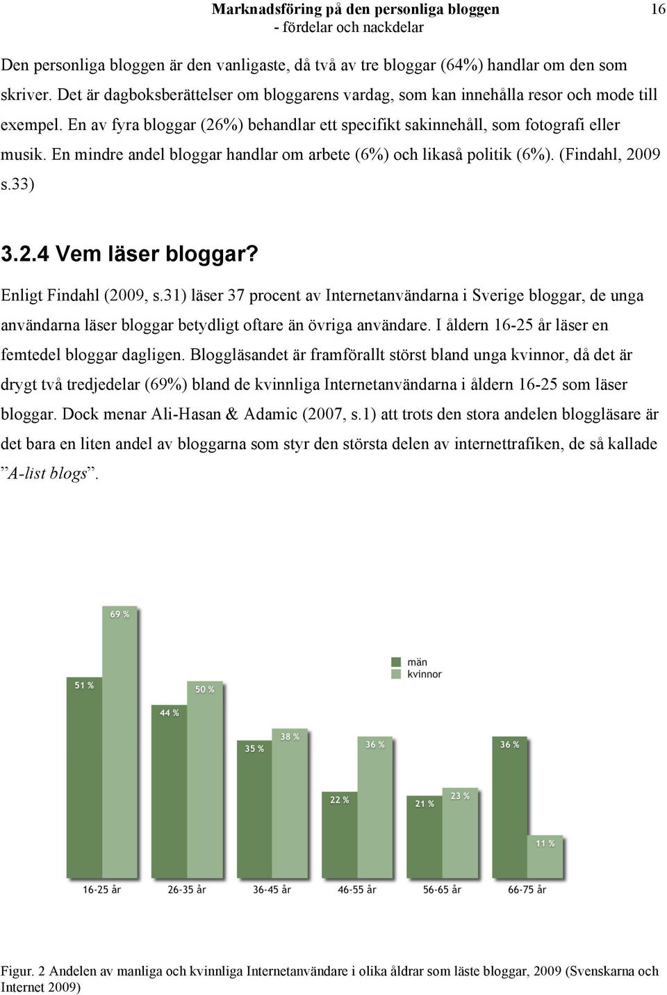 En mindre andel bloggar handlar om arbete (6%) och likaså politik (6%). (Findahl, 2009 s.33) 3.2.4 Vem läser bloggar? Enligt Findahl (2009, s.