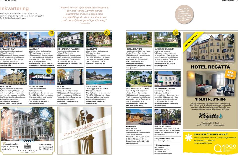 Tidningen Eeva Visste du att det finns 13 inkvarteringsföretag i Hangö, varav 10 är öppna året runt? Öppet endast sommartid Hotell Villa Maija Villainkvartering i Badhusparken. WC/dusch i rummet.