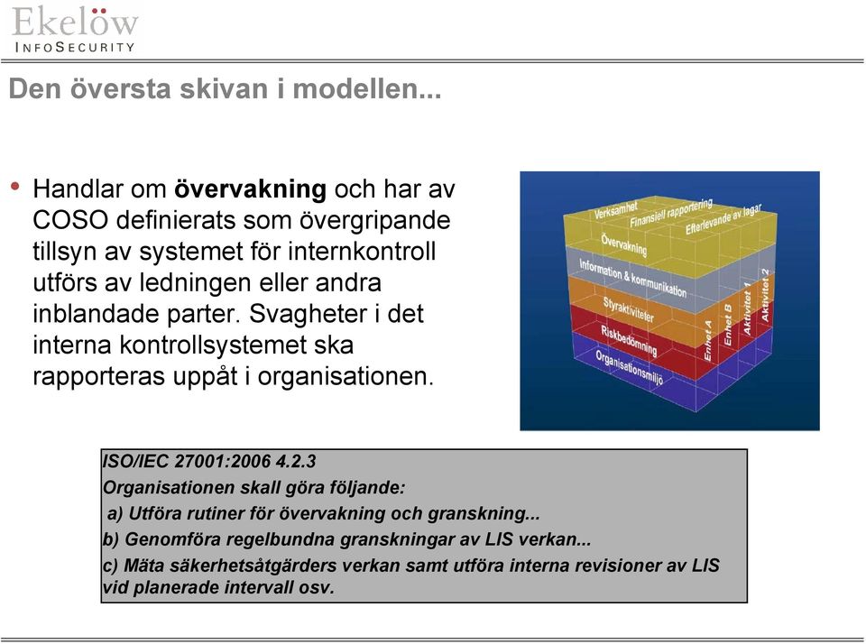 eller andra inblandade parter. Svagheter i det interna kontrollsystemet ska rapporteras uppåt i organisationen. ISO/IEC 27