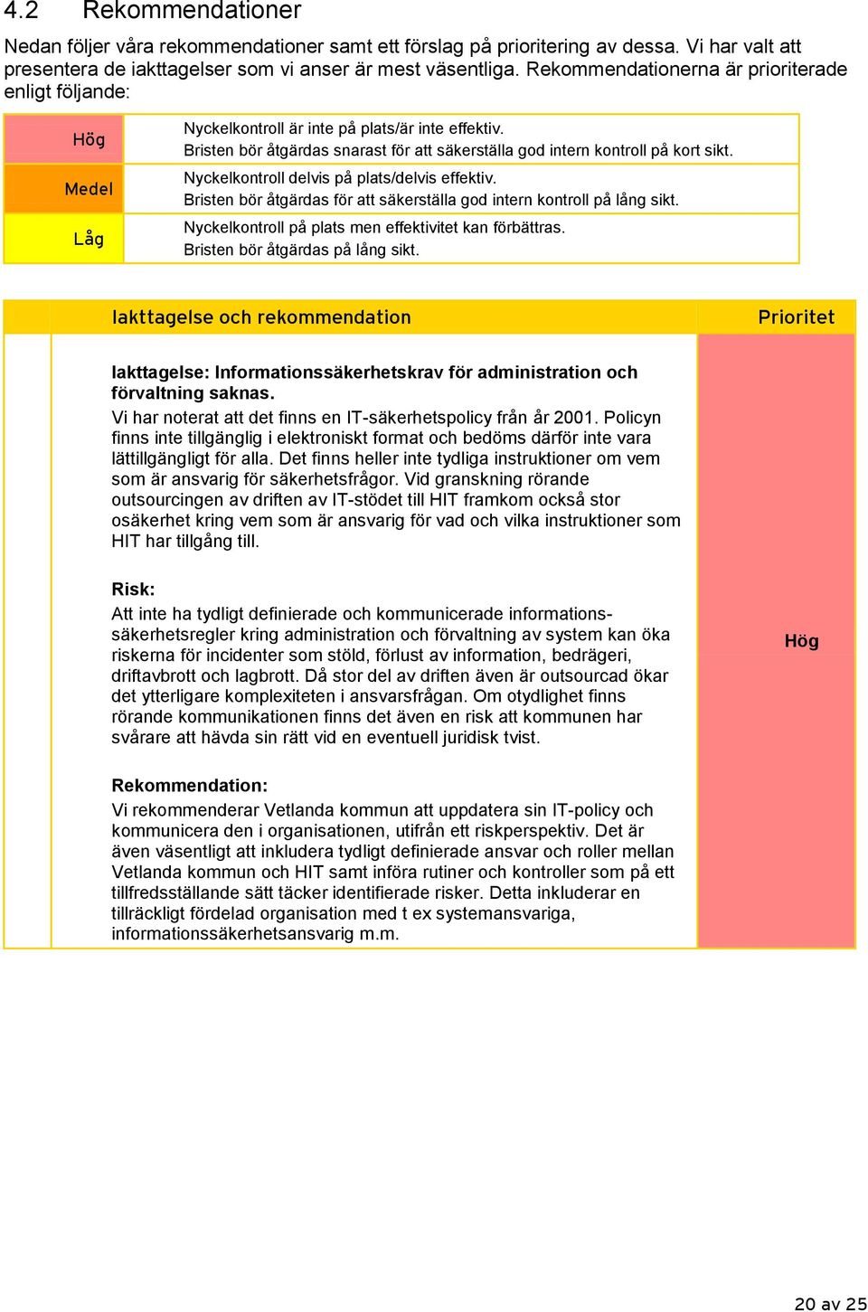 Nyckelkontroll delvis på plats/delvis effektiv. Bristen bör åtgärdas för att säkerställa god intern kontroll på lång sikt. Nyckelkontroll på plats men effektivitet kan förbättras.