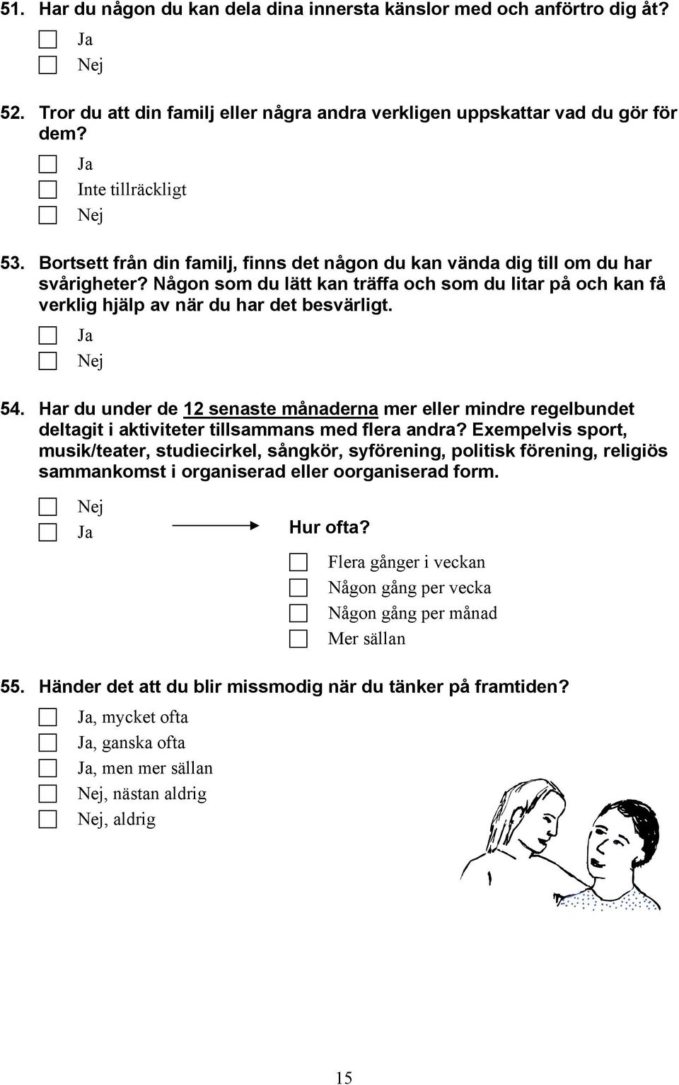 Ja Nej 54. Har du under de 12 senaste månaderna mer eller mindre regelbundet deltagit i aktiviteter tillsammans med flera andra?