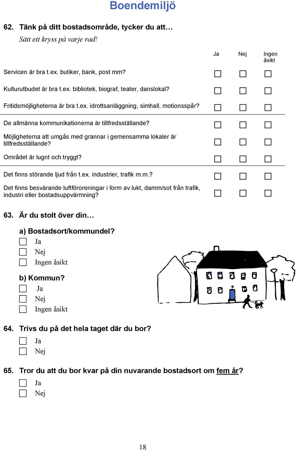 Möjligheterna att umgås med grannar i gemensamma lokaler är tillfredsställande? Området är lugnt och tryggt? Det finns störande ljud från t.ex. industrier, trafik m.m.? Det finns besvärande luftföroreningar i form av lukt, damm/sot från trafik, industri eller bostadsuppvärmning?