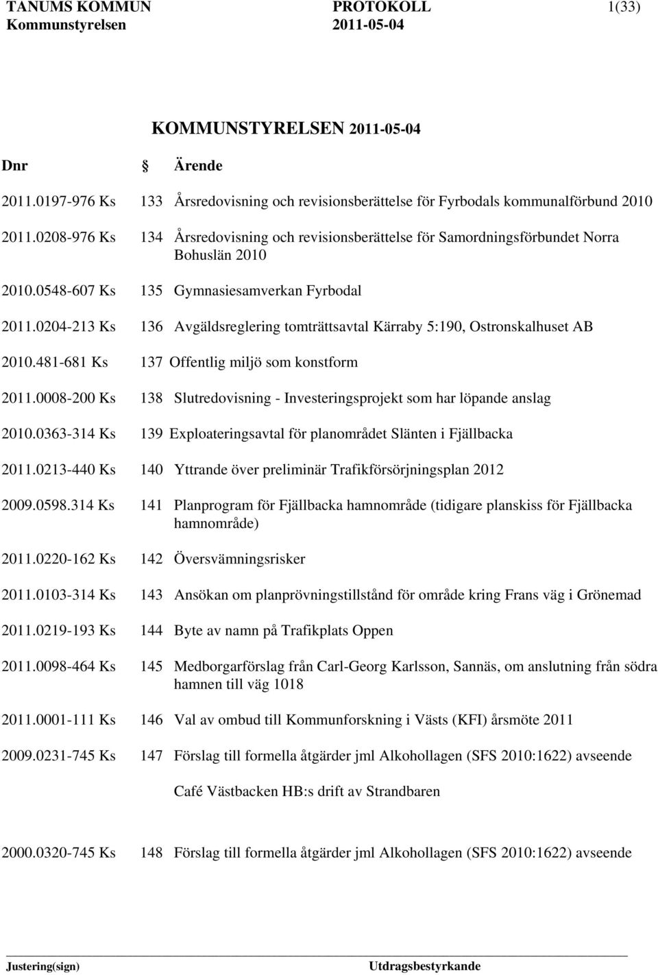 0204-213 Ks 136 Avgäldsreglering tomträttsavtal Kärraby 5:190, Ostronskalhuset AB 2010.481-681 Ks 137 Offentlig miljö som konstform 2011.