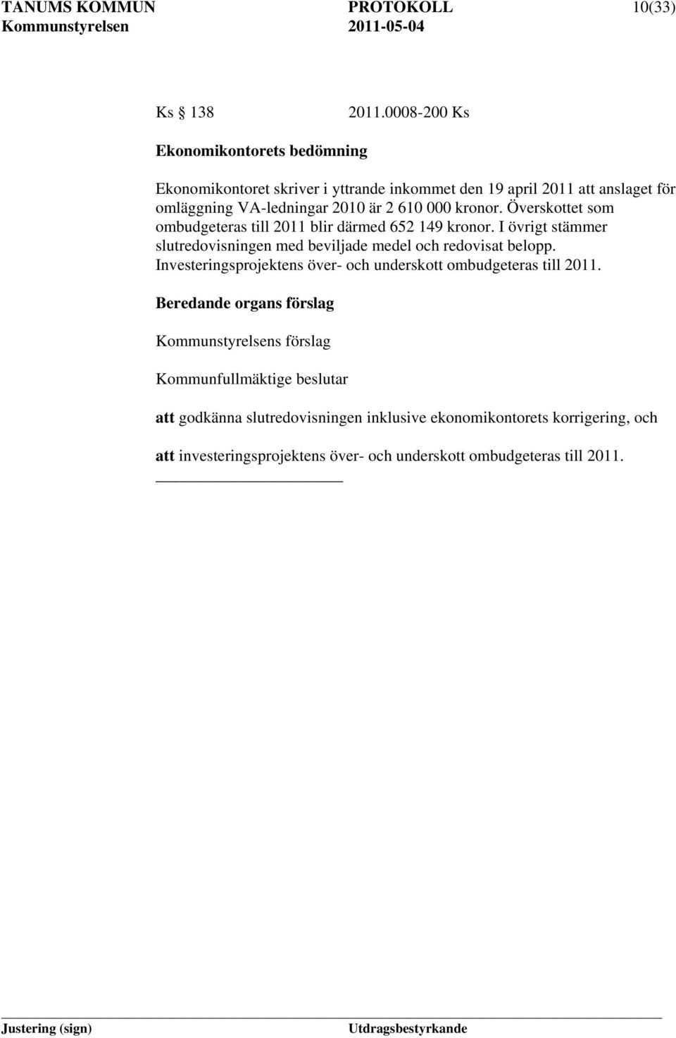 kronor. Överskottet som ombudgeteras till 2011 blir därmed 652 149 kronor. I övrigt stämmer slutredovisningen med beviljade medel och redovisat belopp.