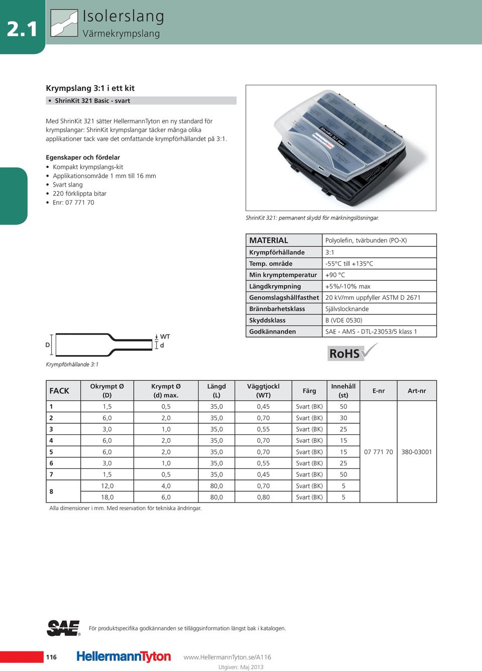 Kompakt krympslangs-kit Applikationsområde 1 mm till 16 mm Svart slang 220 förklippta bitar Enr: 07 771 70 ShrinKit 321: permanent skydd för märkningslösningar.