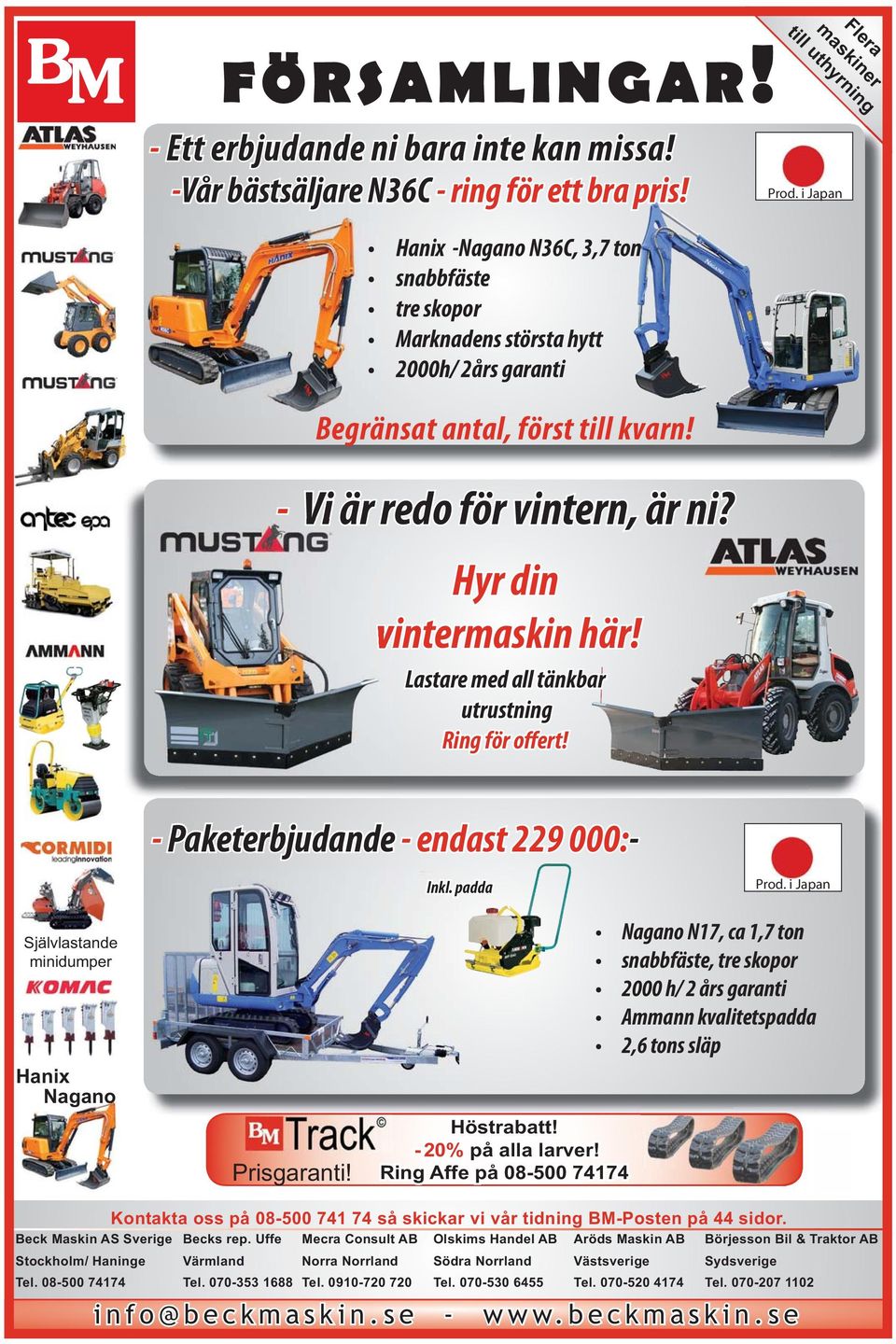 Lastare med all tänkbar utrustning Ring för offert! - Paketerbjudande - endast 229 000:- Inkl. padda Prod. i Japan Självlastande minidumper Hanix Nagano Prisgaranti! Höstrabatt! - 20% på alla larver!