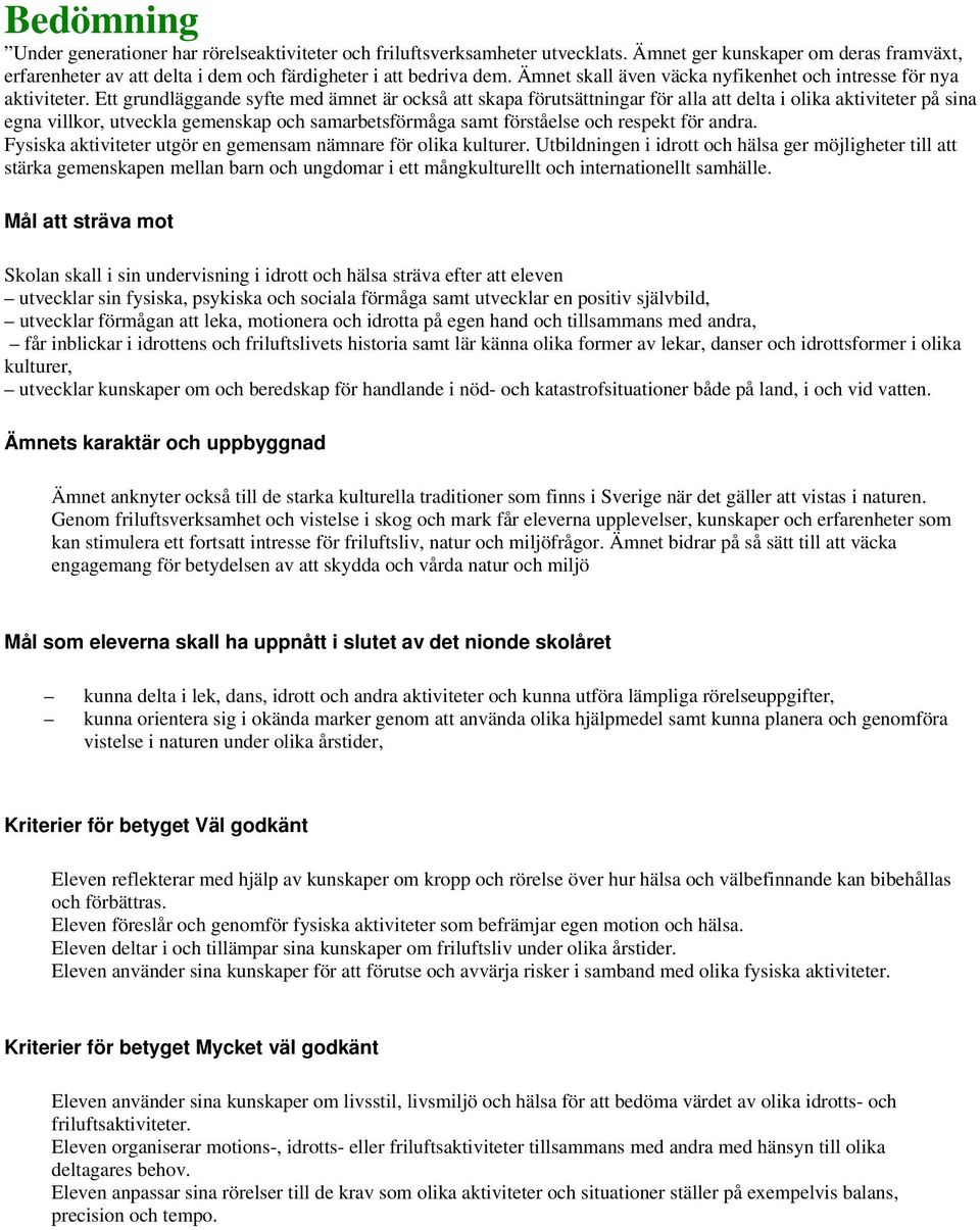 Ett grundläggande syfte med ämnet är också att skapa förutsättningar för alla att delta i olika aktiviteter på sina egna villkor, utveckla gemenskap och samarbetsförmåga samt förståelse och respekt