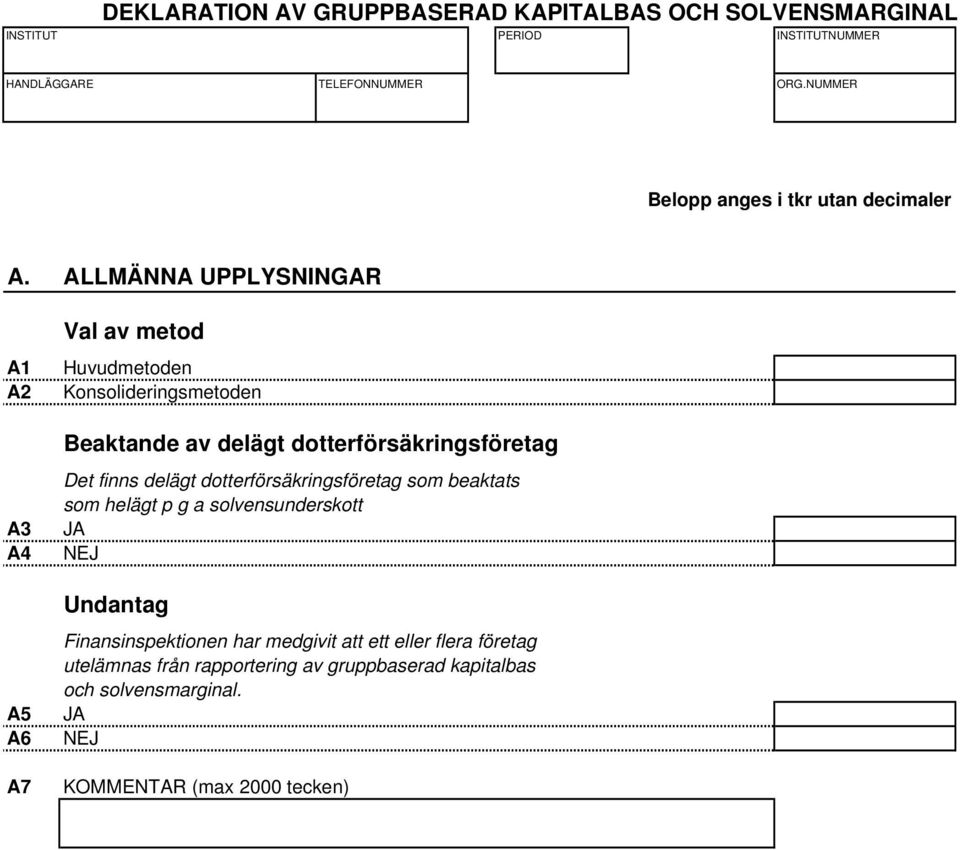 g a solvensunderskott JA NEJ Undantag Finansinspektionen har medgivit att ett eller flera företag