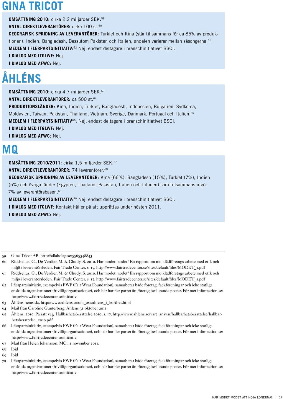 61 Medlem i flerpartsinitiativ: 62 Nej, endast deltagare i branschinitiativet BSCI. I dialog med ITGLWF: Nej. I dialog med AFWC: Nej. Åhléns Omsättning 2010: cirka 4,7 miljarder SEK.