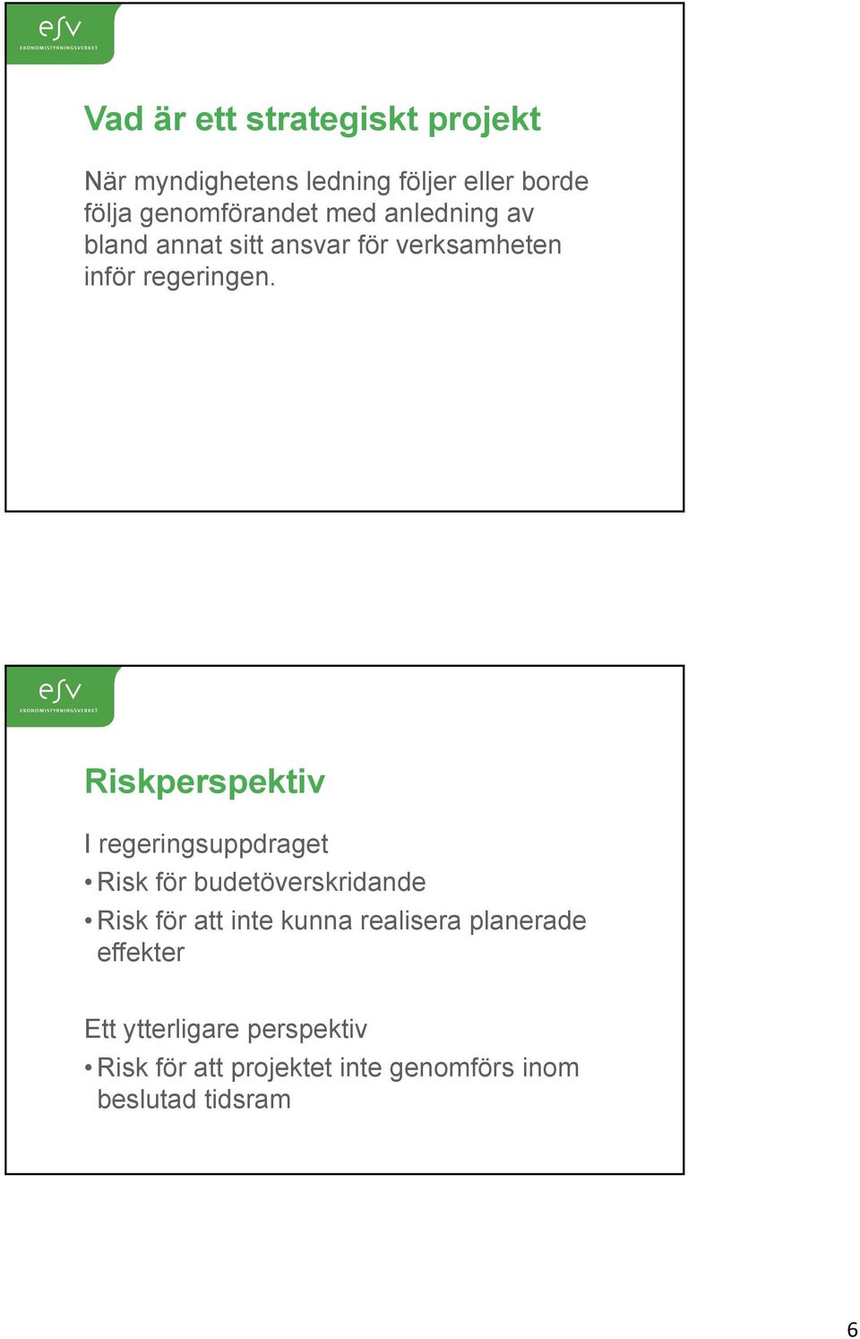 Riskperspektiv I regeringsuppdraget Risk för budetöverskridande Risk för att inte kunna