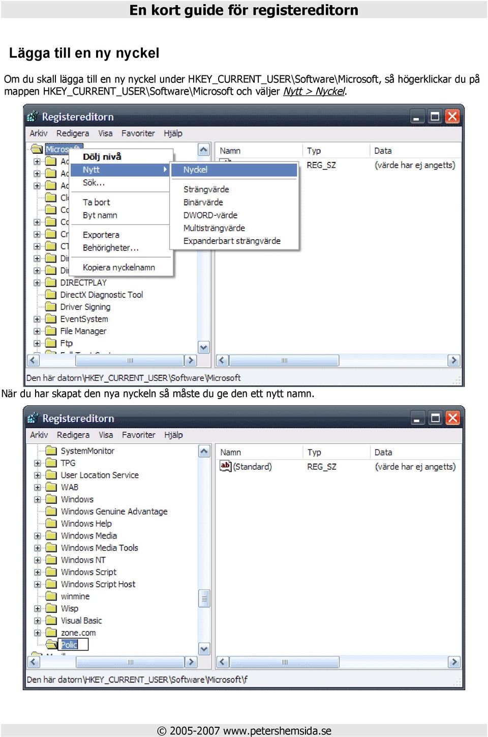 mappen HKEY_CURRENT_USER\Software\Microsoft och väljer Nytt >