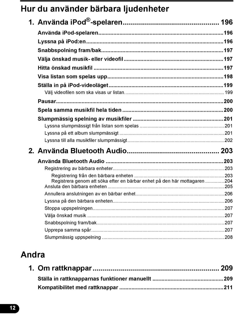 ..00 Slumpmässig spelning av musikfiler...0 Lyssna slumpmässigt från listan som spelas...0 Lyssna på ett album slumpmässigt...0 Lyssna till alla musikfiler slumpmässigt...0. Använda Bluetooth Audio.