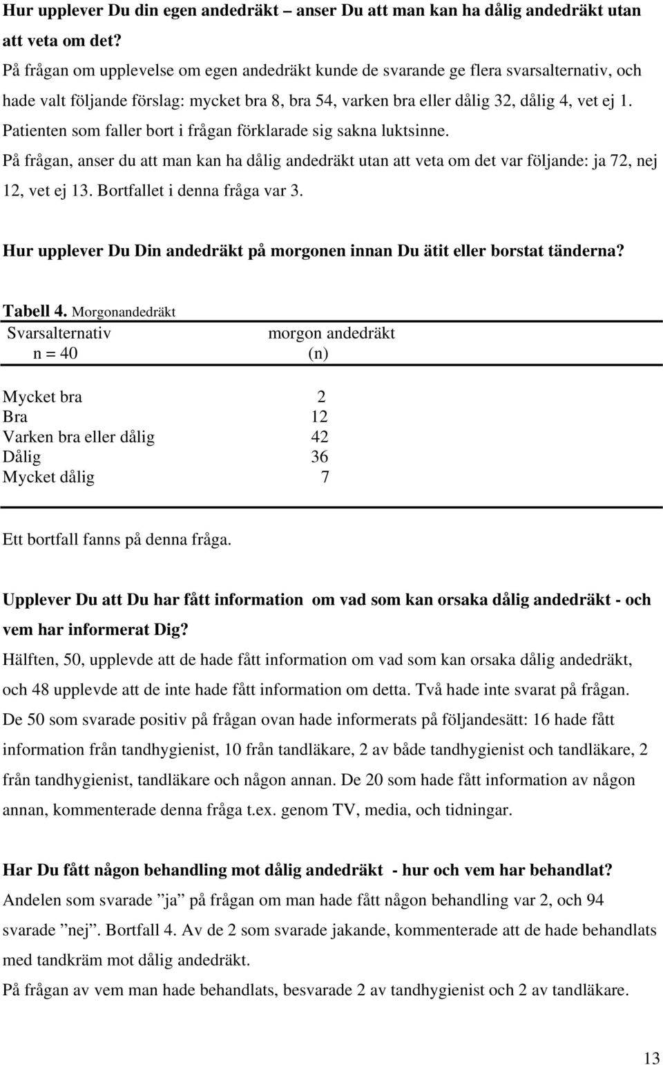 Patienten som faller bort i frågan förklarade sig sakna luktsinne. På frågan, anser du att man kan ha dålig andedräkt utan att veta om det var följande: ja 72, nej 12, vet ej 13.