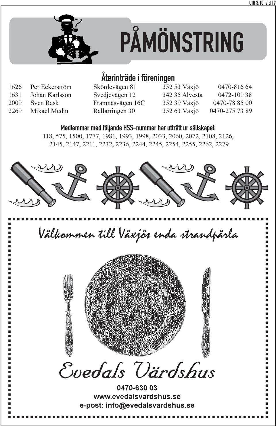 Medlemmar med följande HSS-nummer har utträtt ur sällskapet: 118, 575, 1500, 1777, 1981, 1993, 1998, 2033, 2060, 2072, 2108, 2126, 2145, 2147,