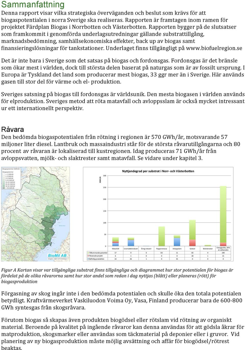 Rapporten bygger på de slutsatser som framkommit i genomförda underlagsutredningar gällande substrattillgång, marknadsbedömning, samhällsekonomiska effekter, back up av biogas samt