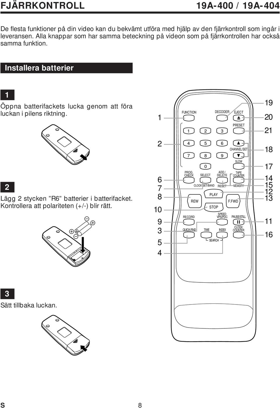 Installera batterier Öppna batterifackets lucka genom att föra luckan i pilens riktning. FUNCTION DECODER EJECT PRESET 9 0 Lägg stycken R6 batterier i batterifacket.