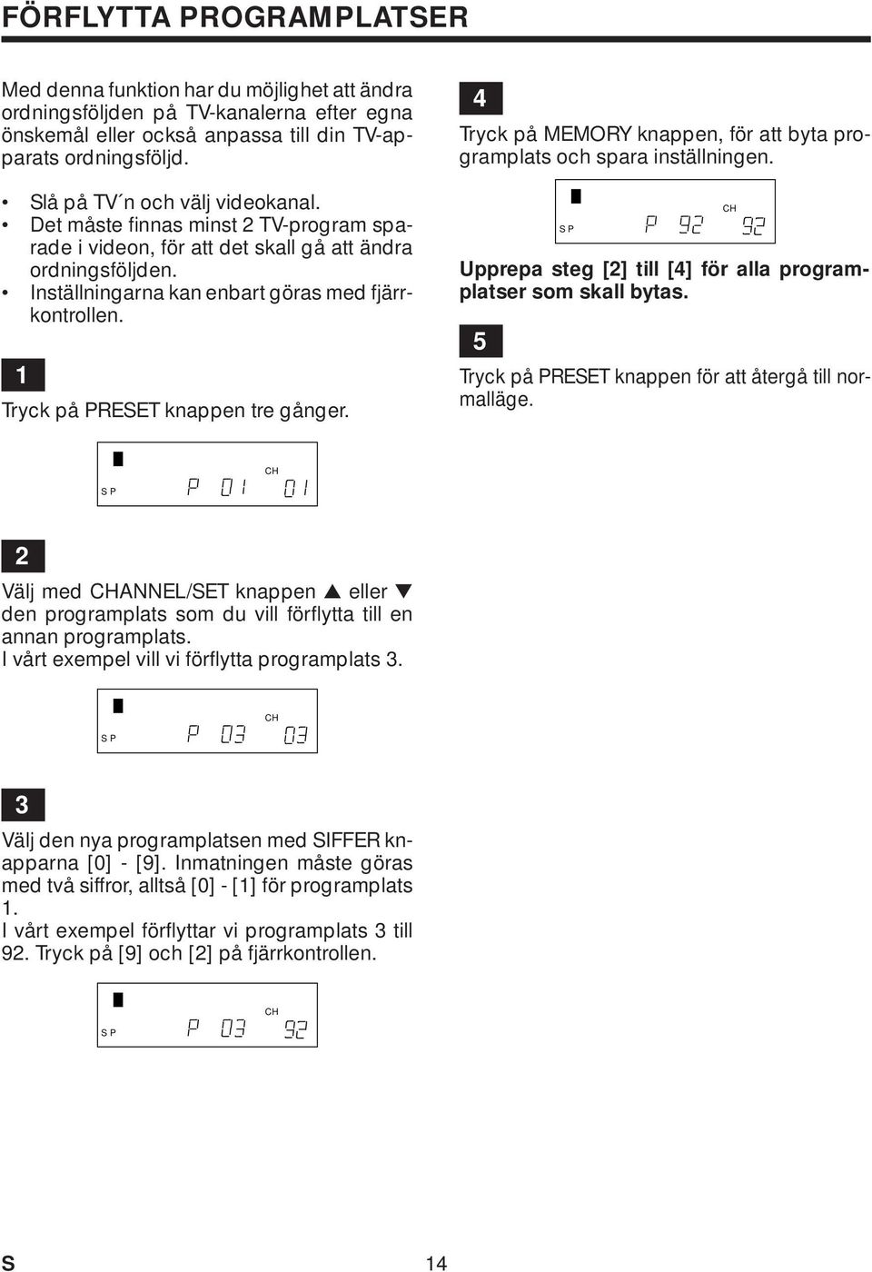 Tryck på PRESET knappen tre gånger. 4 Tryck på MEMORY knappen, för att byta programplats och spara inställningen. Upprepa steg [] till [4] för alla programplatser som skall bytas.