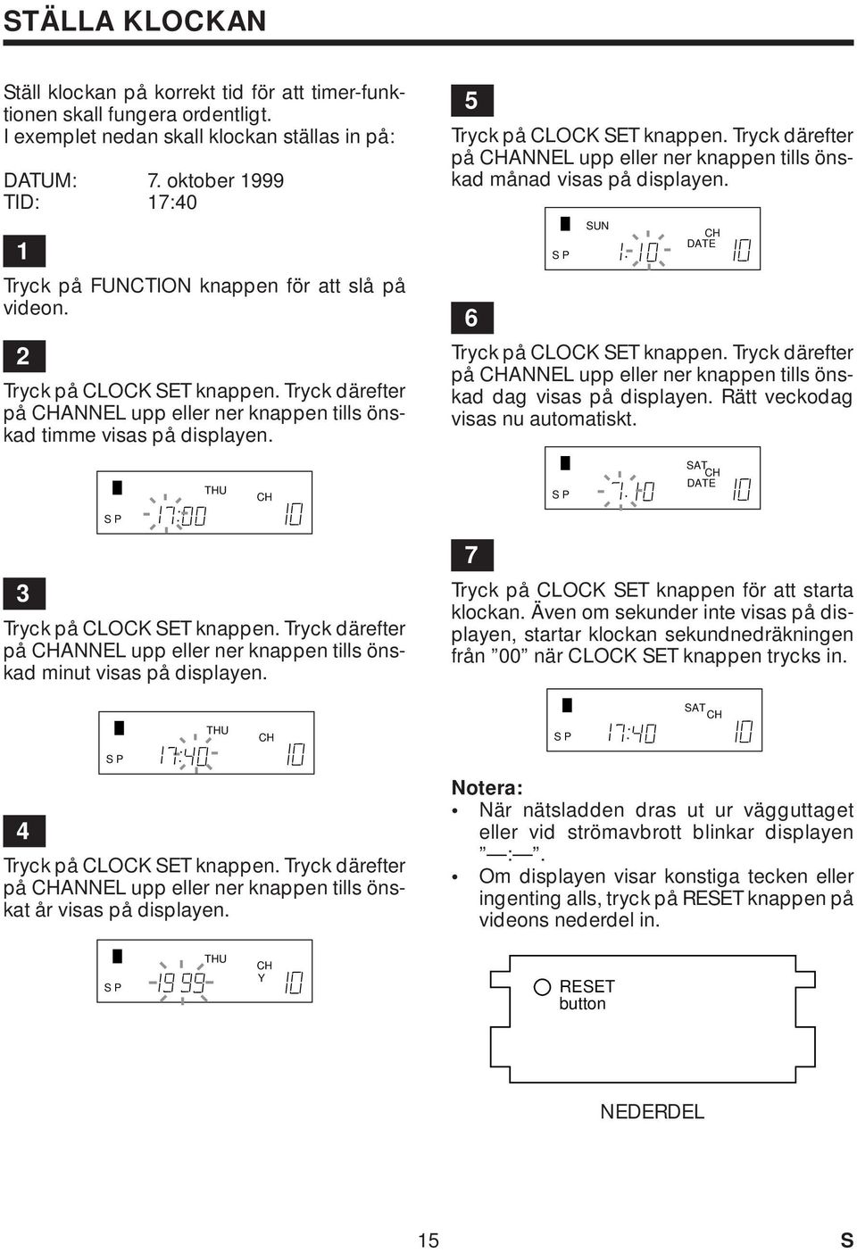 5 Tryck på CLOCK SET knappen. Tryck därefter på ANNEL upp eller ner knappen tills önskad månad visas på displayen. SUN DATE 6 Tryck på CLOCK SET knappen.