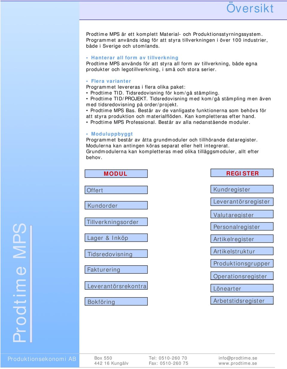 Flera varianter Programmet levereras i flera olika paket: Prodtime TID. Tidsredovisning för kom/gå stämpling. Prodtime TID/PROJEKT.