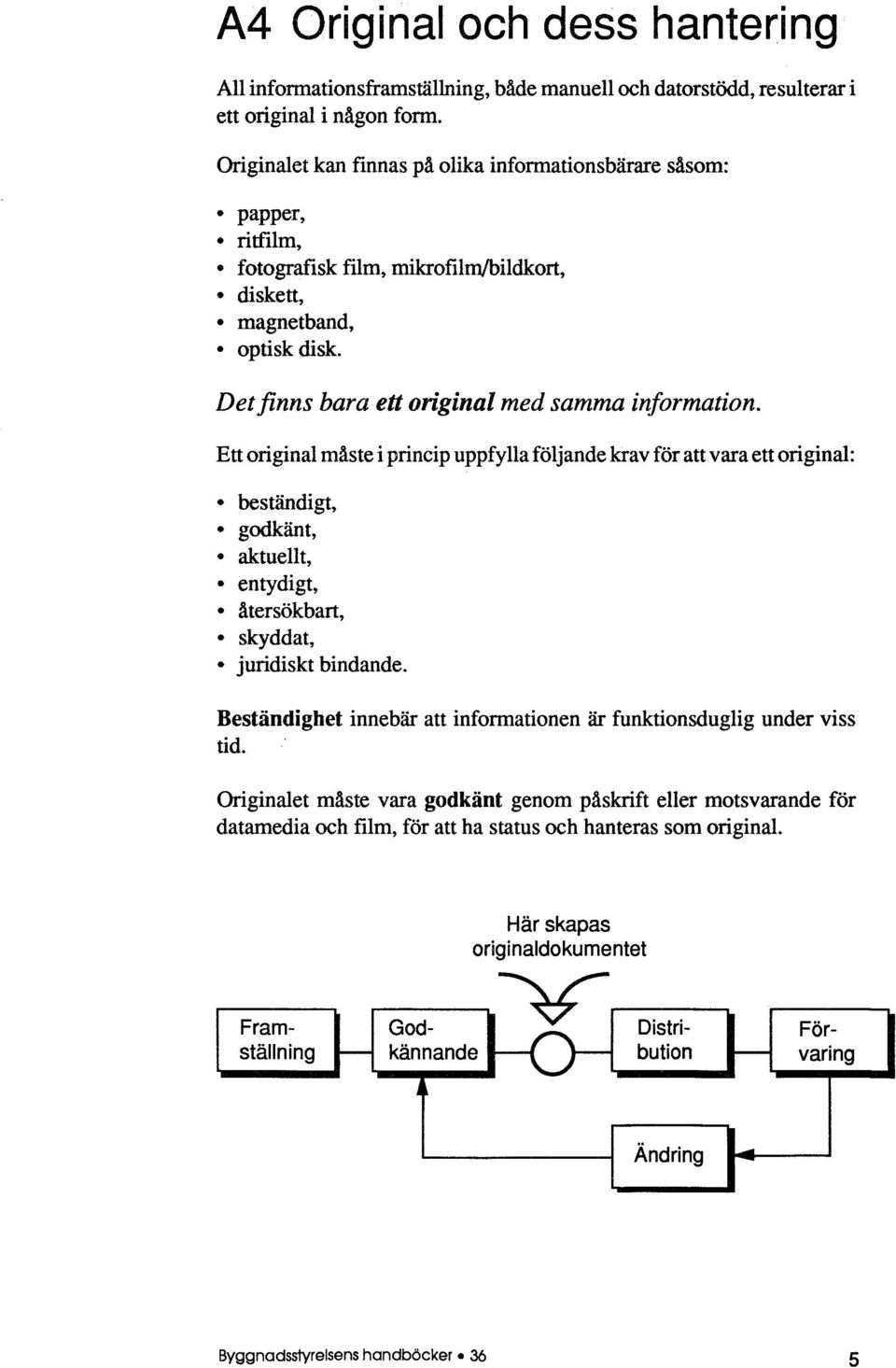 Detfinns bara ett original med samma information. Ett original måste i princip uppfylla följande krav för att vara ett original:. beständigt, godkänt, aktuellt, entydigt, återsökbart,. skyddat,.