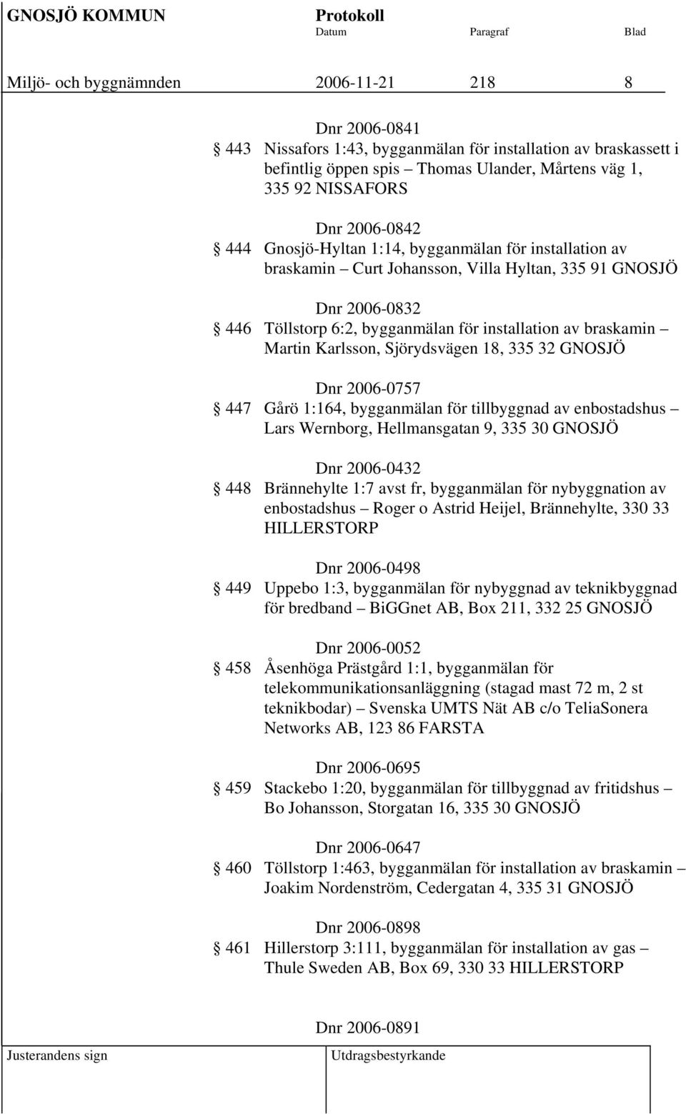 Martin Karlsson, Sjörydsvägen 18, 335 32 GNOSJÖ Dnr 2006-0757 447 Gårö 1:164, bygganmälan för tillbyggnad av enbostadshus Lars Wernborg, Hellmansgatan 9, 335 30 GNOSJÖ Dnr 2006-0432 448 Brännehylte