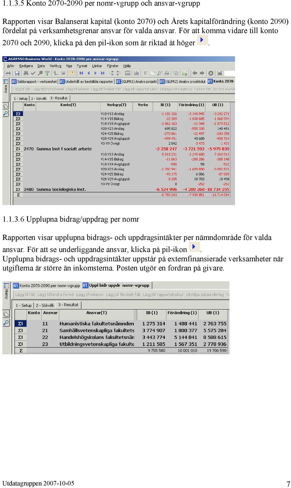 verksamhetsgrenar ansvar för valda ansvar. För att komma vidare till konto 2070 och 2090, klicka på den pil-ikon som är riktad åt höger.