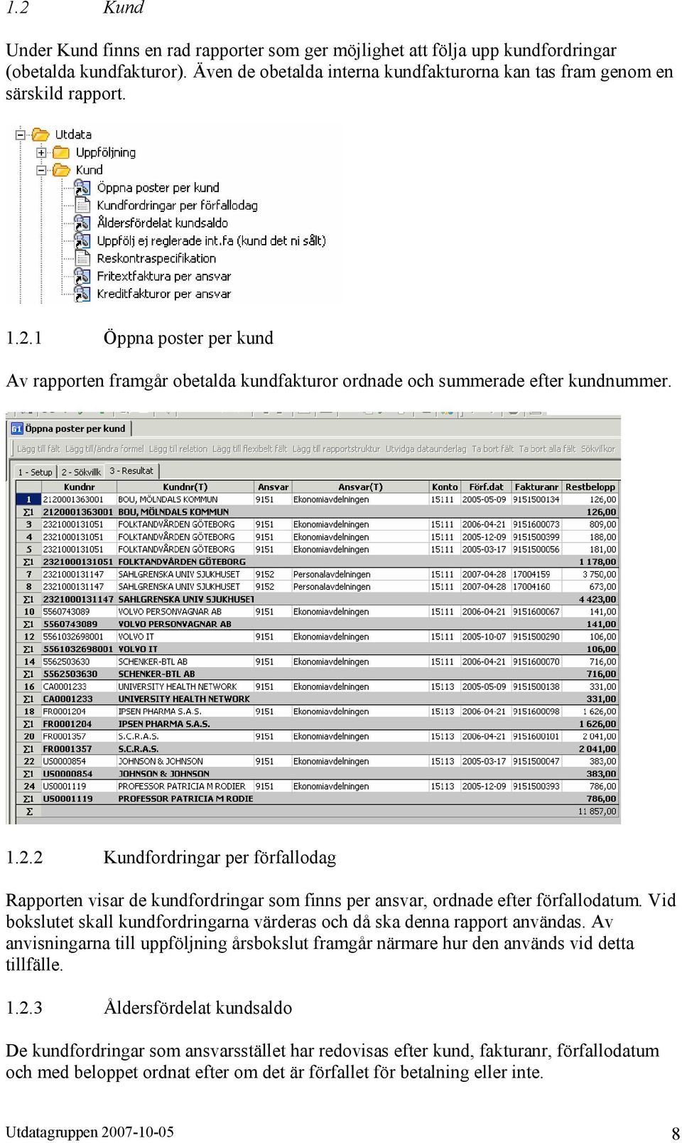 Vid bokslutet skall kundfordringarna värderas och då ska denna rapport användas. Av anvisningarna till uppföljning årsbokslut framgår närmare hur den används vid detta tillfälle. 1.2.