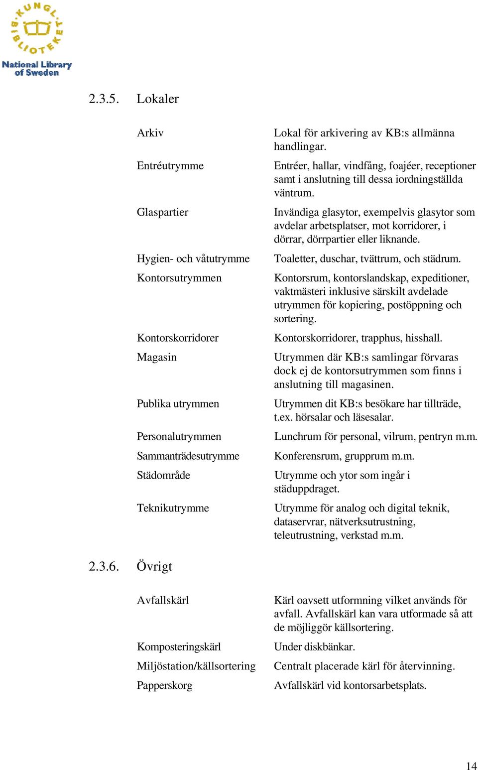 arkivering av KB:s allmänna handlingar. Entréer, hallar, vindfång, foajéer, receptioner samt i anslutning till dessa iordningställda väntrum.