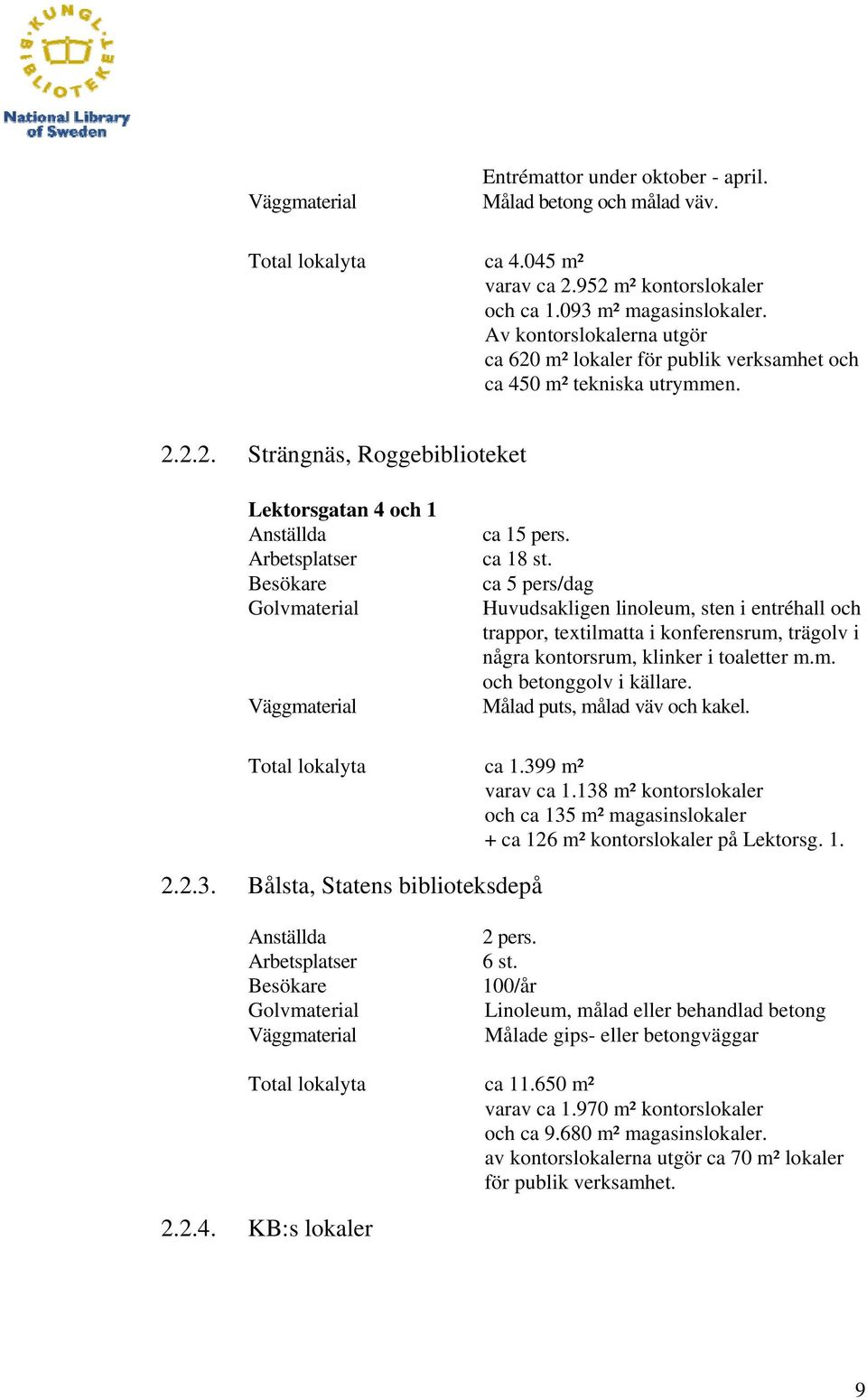 ca 18 st. ca 5 pers/dag Huvudsakligen linoleum, sten i entréhall och trappor, textilmatta i konferensrum, trägolv i några kontorsrum, klinker i toaletter m.m. och betonggolv i källare.