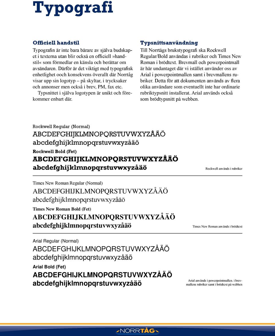 Typsnittet i själva logotypen är unikt och förekommer enbart där. Typsnittsanvändning Till Norrtågs brukstypografi ska Rockwell Regular/Bold användas i rubriker och Times New Roman i brödtext.