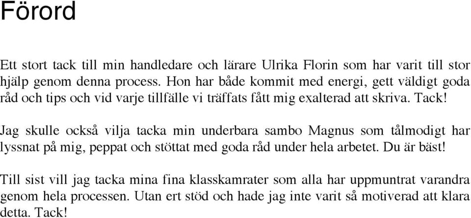 Jag skulle också vilja tacka min underbara sambo Magnus som tålmodigt har lyssnat på mig, peppat och stöttat med goda råd under hela arbetet.