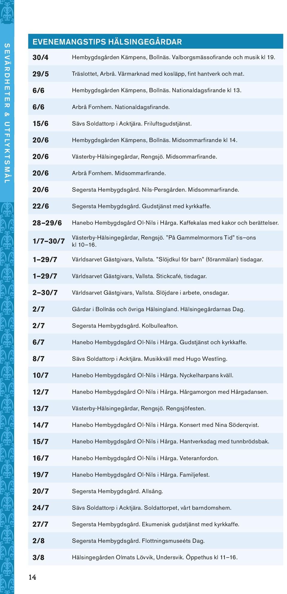 Friluftsgudstjänst. 20/6 Hembygdsgården Kämpens, Bollnäs. Midsommarfirande kl 14. 20/6 Västerby-Hälsingegårdar, Rengsjö. Midsommarfirande. 20/6 Arbrå Fornhem. Midsommarfirande. 20/6 Segersta Hembygdsgård.