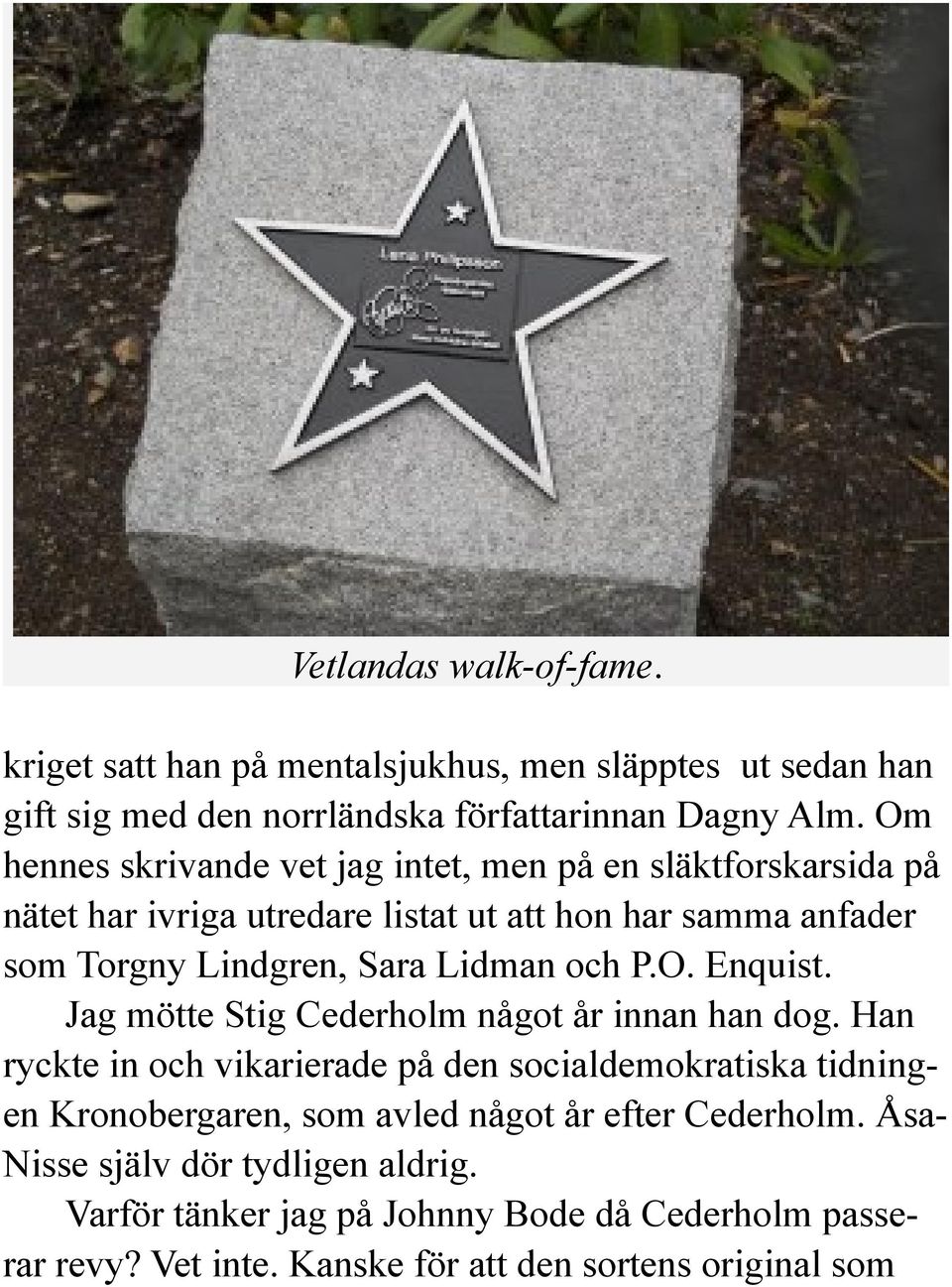 Lidman och P.O. Enquist. Jag mötte Stig Cederholm något år innan han dog.