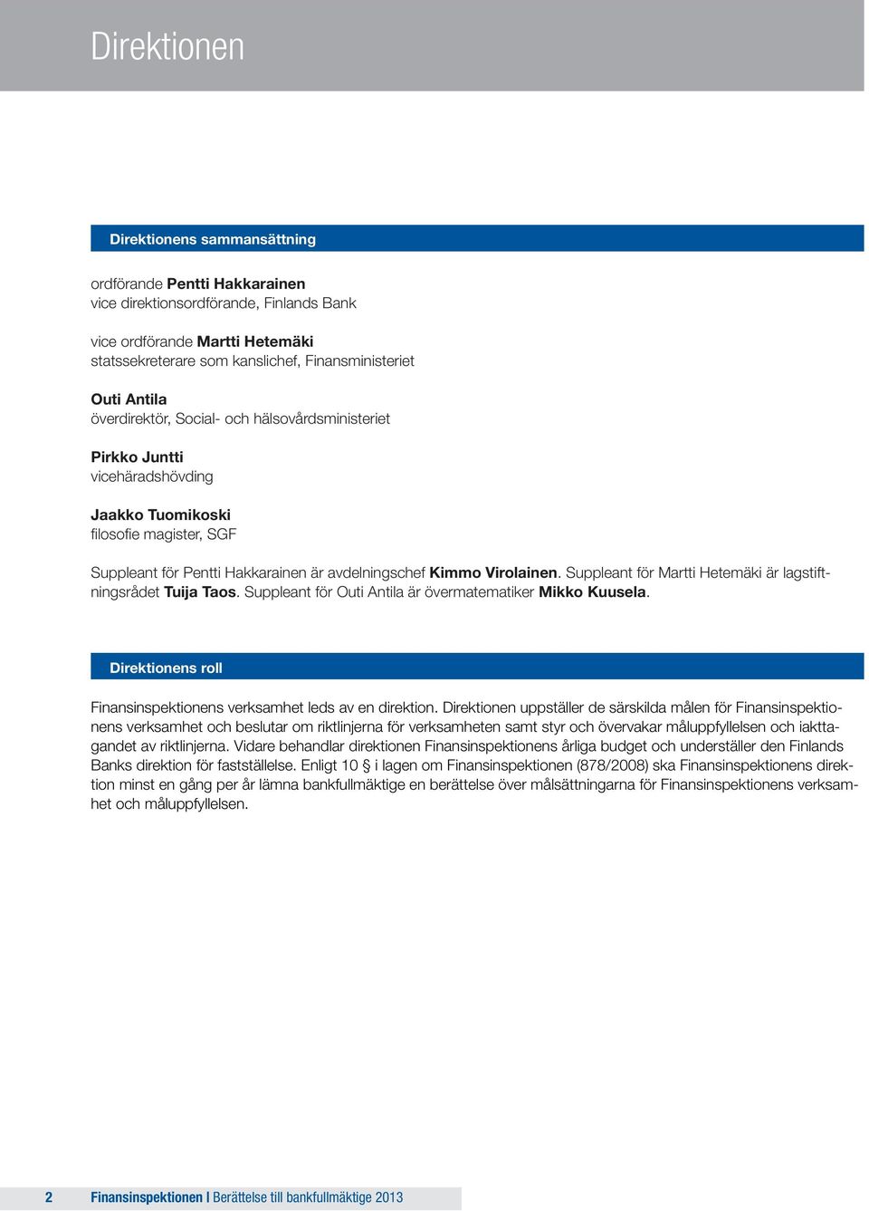 Suppleant för Martti Hetemäki är lagstiftningsrådet Tuija Taos. Suppleant för Outi Antila är övermatematiker Mikko Kuusela. Direktionens roll Finansinspektionens verksamhet leds av en direktion.