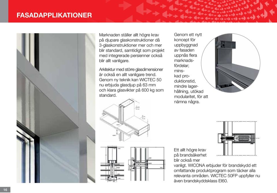 Arkitektur med större glasdimensioner är också en allt vanligare trend. Genom ny teknik kan WICTEC 50 nu erbjuda glasdjup på 63 mm och klara glasvikter på 600 kg som standard.