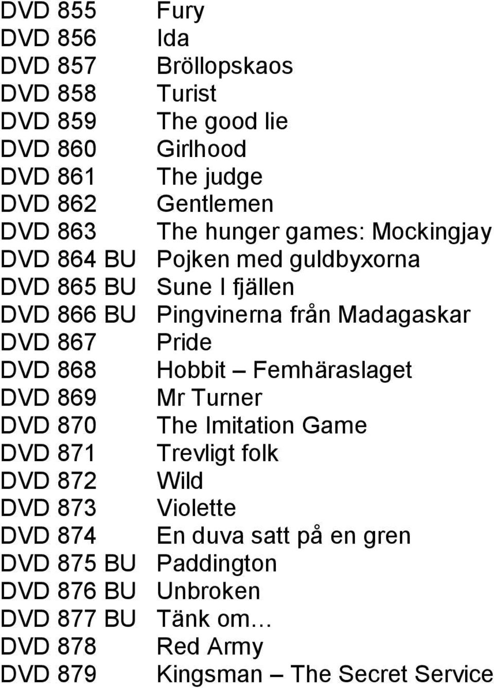 867 Pride DVD 868 Hobbit Femhäraslaget DVD 869 Mr Turner DVD 870 The Imitation Game DVD 871 Trevligt folk DVD 872 Wild DVD 873 Violette