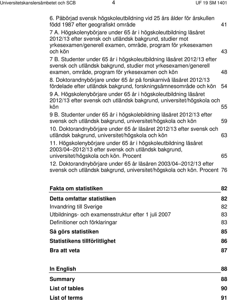 Studenter under 65 år i högskoleutbildning läsåret 2012/13 efter svensk och utländsk bakgrund, studier mot yrkesexamen/generell examen, område, program för yrkesexamen och kön 48 8.