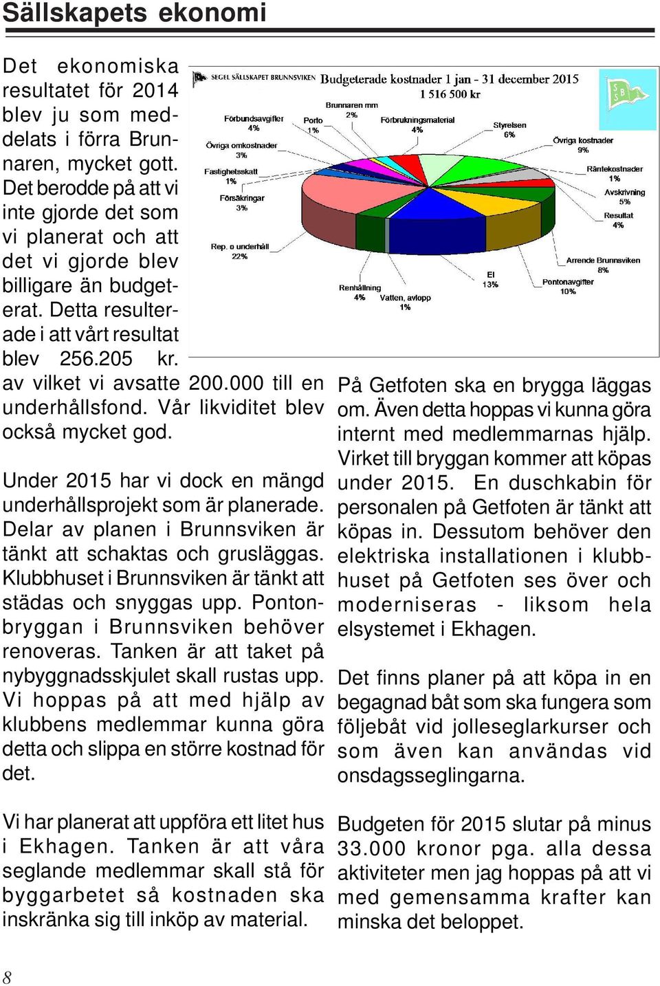 000 till en underhållsfond. Vår likviditet blev också mycket god. Under 2015 har vi dock en mängd underhållsprojekt som är planerade.