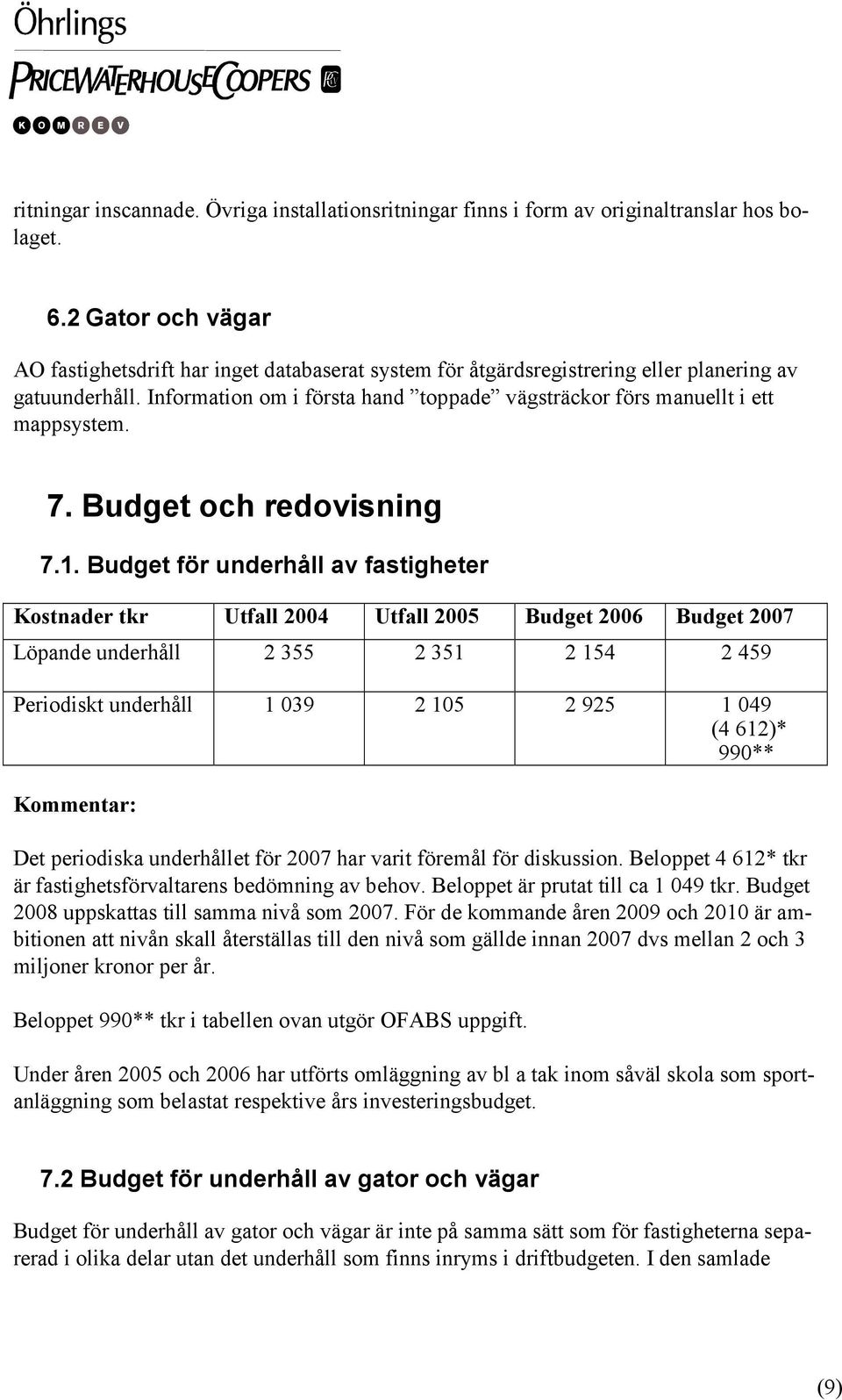 Information om i första hand toppade vägsträckor förs manuellt i ett mappsystem. 7. Budget och redovisning 7.1.